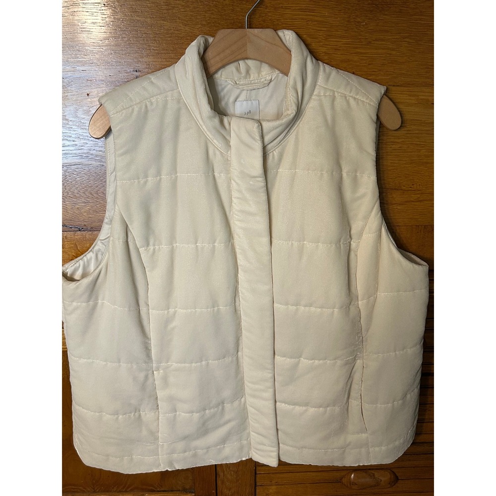 J. Jill Preppy Old Money Cream Quilted Puffer Vest Velvet Finish Snap Zip Front